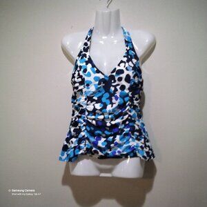 Caribbean Joe White Black & Blue Animal Print Halter Tankini Top Separate NWT 10